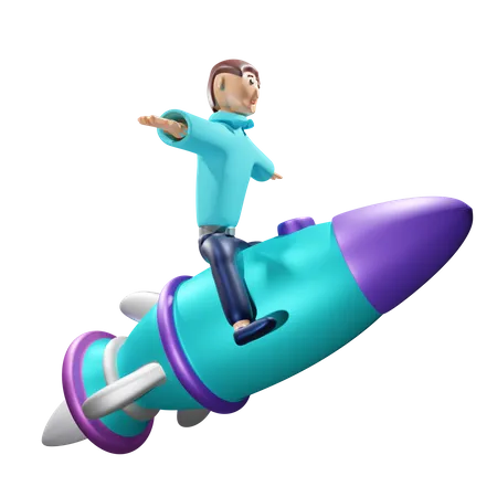 Homme d'affaires volant sur une fusée  3D Illustration