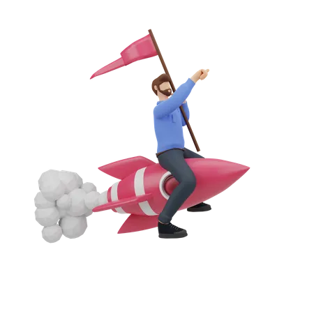 Homme d'affaires volant sur le concept d'entreprise de fusée  3D Illustration