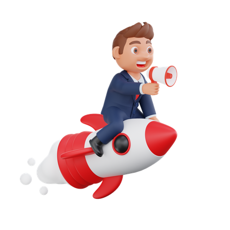 Homme d'affaires volant sur une fusée et faisant du marketing d'entreprise  3D Illustration