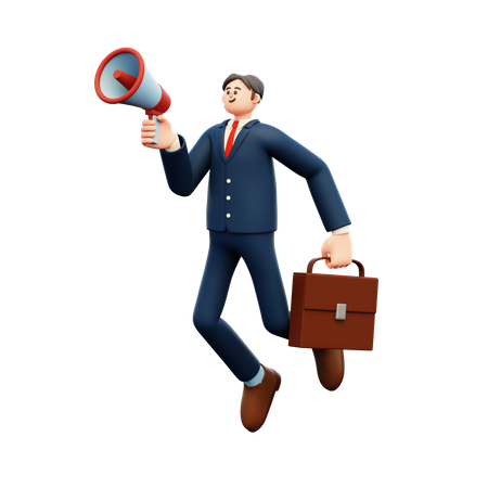 Homme d'affaires volant tenant un haut-parleur  3D Illustration