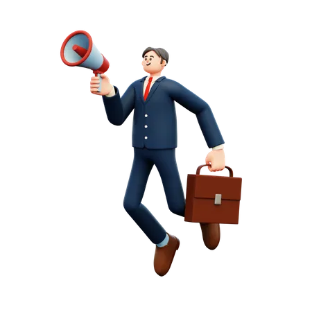 Homme d'affaires volant tenant un haut-parleur  3D Illustration