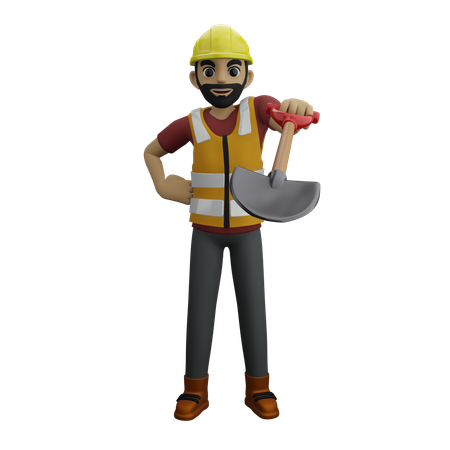 Homme de chantier tenant une pelle  3D Illustration