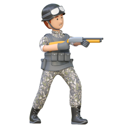 Homme de l'armée tenant un fusil de chasse  3D Illustration