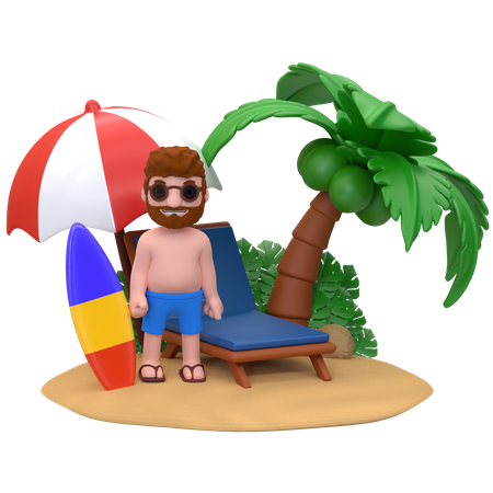 Homme debout à côté d'une chaise longue sur la plage  3D Illustration