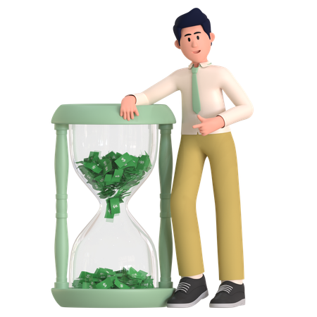 Homme debout avec horloge dollar  3D Illustration