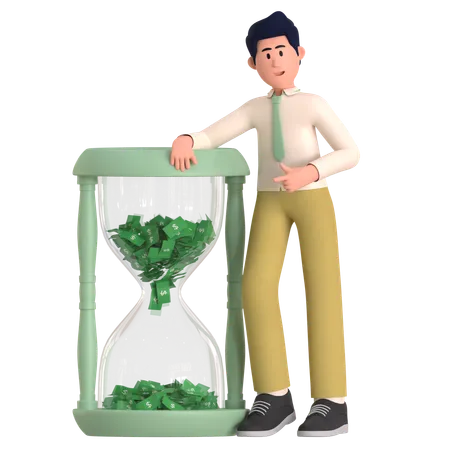 Homme debout avec horloge dollar  3D Illustration