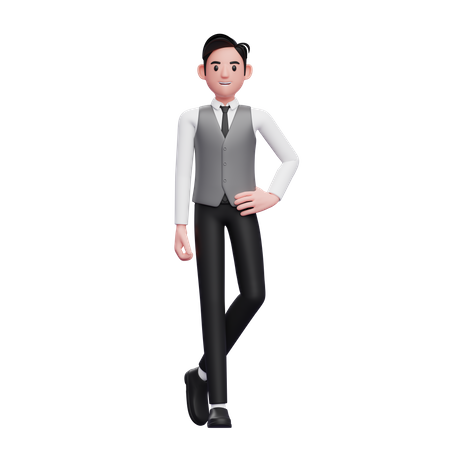 Homme debout avec la main sur la taille et les jambes croisées portant un gilet de bureau gris  3D Icon