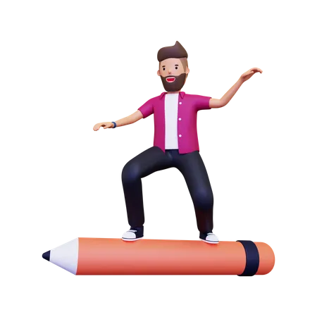 Homme debout sur un grand crayon  3D Illustration