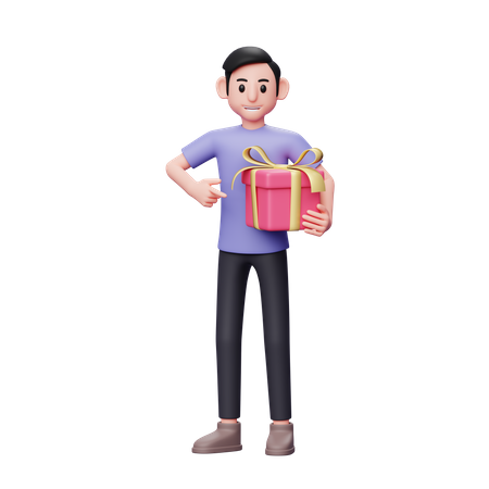 Homme décontracté montrant le cadeau qu'il a apporté avec sa main gauche pour l'offrir à sa petite amie le jour de la Saint-Valentin  3D Icon