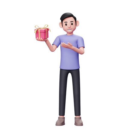 Homme décontracté montrant un petit cadeau de Saint-Valentin qu'il tient avec sa main droite  3D Icon