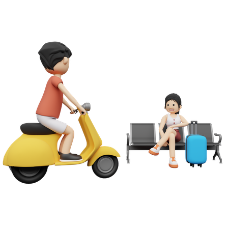 Un homme demande à une femme de faire un tour en scooter  3D Illustration