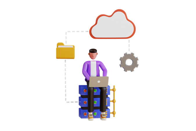 Homme déplaçant des données vers le stockage cloud  3D Illustration