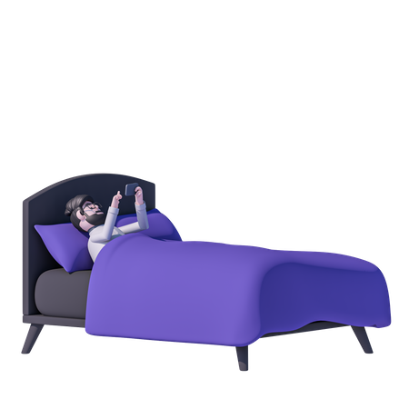 L'homme se détend sur le lit et regarde son portable avant de dormir  3D Icon