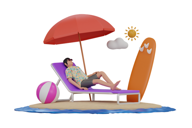 Homme relaxant à la plage  3D Illustration