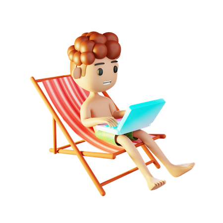 Homme se relaxant sur la plage et travaillant sur un ordinateur portable  3D Illustration
