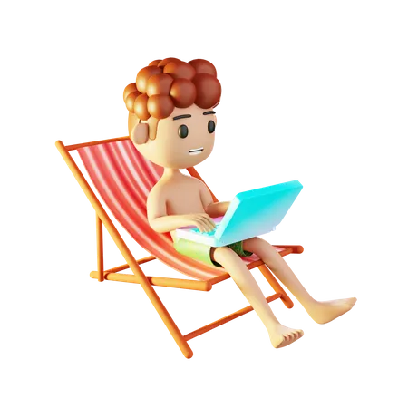 Homme se relaxant sur la plage et travaillant sur un ordinateur portable  3D Illustration