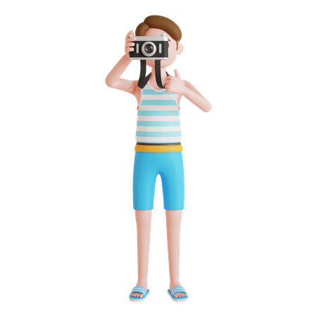 Homme qui lève le pouce en cliquant sur la photo  3D Illustration