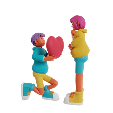 Homme donnant un ballon coeur à une femme  3D Illustration