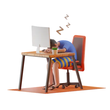 Un homme a dormi sur son bureau alors qu'il travaillait à domicile  3D Illustration
