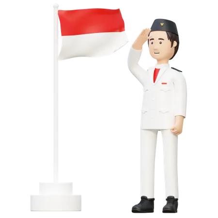 Homme en uniforme saluant le drapeau indonésien  3D Illustration