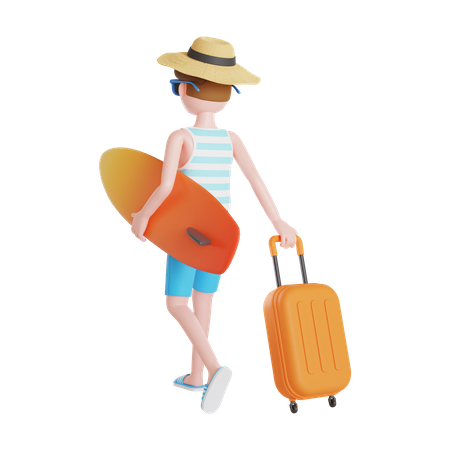 Homme partant en vacances à la plage  3D Illustration