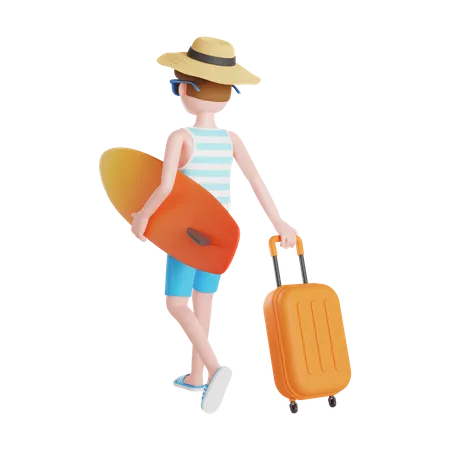 Homme partant en vacances à la plage  3D Illustration