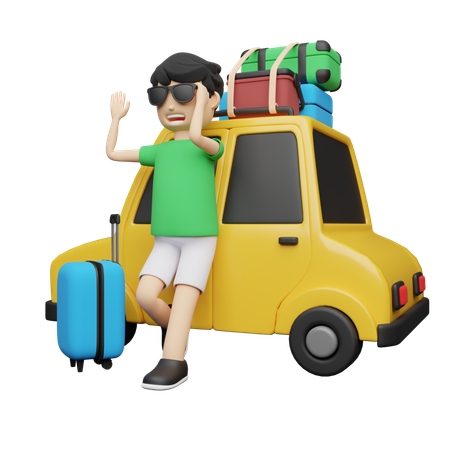 Un homme part en voyage en voiture  3D Illustration