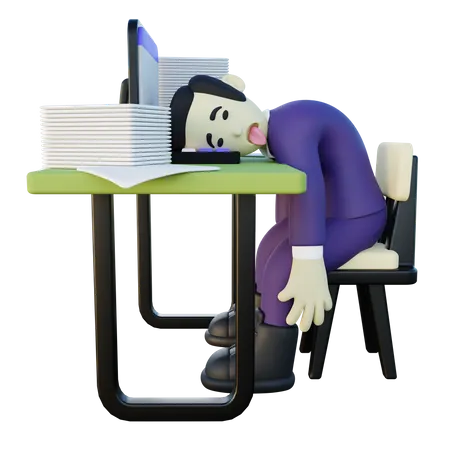 Homme épuisé travaillant au bureau  3D Illustration