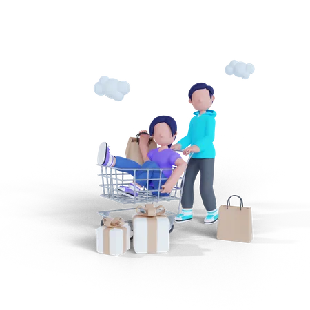 Homme De Rendu 3 D Tenant Un Chariot Avec Une Femme Permet Daller Faire Du Shopping 3D Illustration