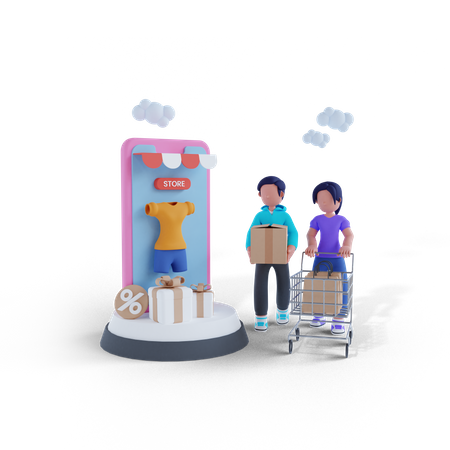 Homme et femme faisant du shopping depuis une application mobile  3D Icon