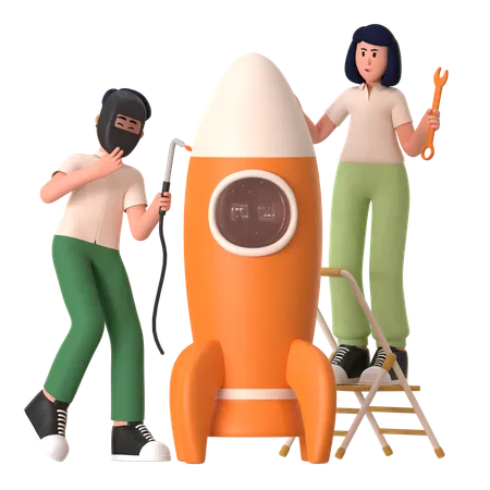 Homme et femme faisant le développement de fusées  3D Illustration