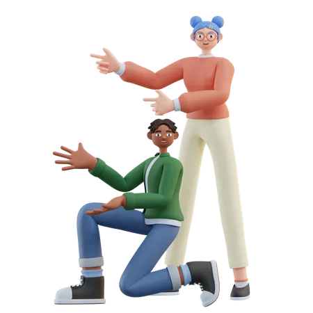 Homme et femme présentant quelque chose  3D Illustration