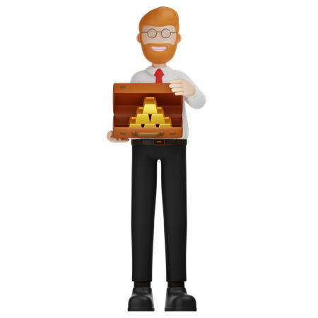 Lingot d'or homme et valise  3D Illustration