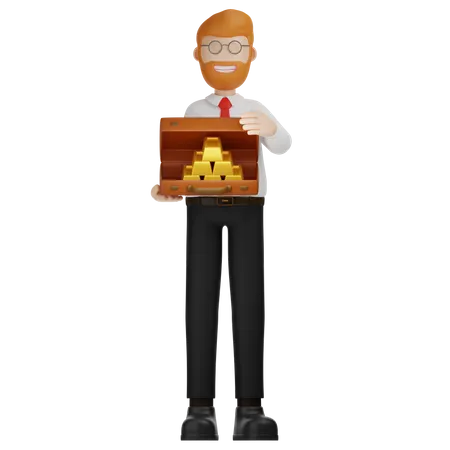 Lingot d'or homme et valise  3D Illustration