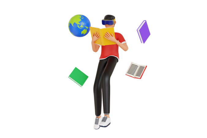 Homme étudiant à l'aide de lunettes VR  3D Illustration