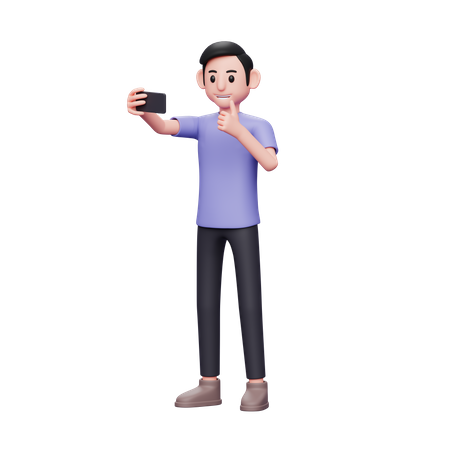 Homme excité posant prendre un selfie par téléphone portable  3D Illustration