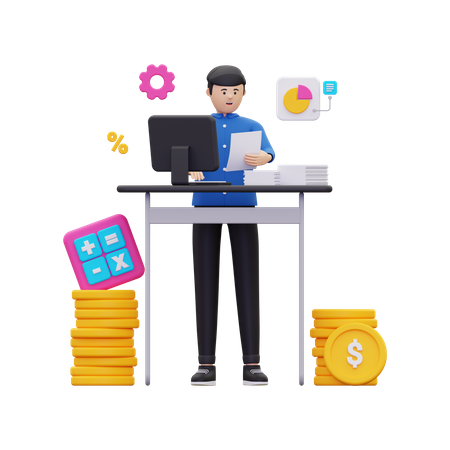 Homme faisant la comptabilité en ligne  3D Illustration