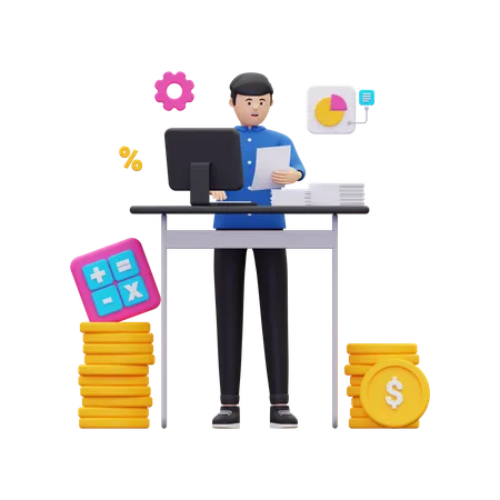 Homme faisant la comptabilité en ligne  3D Illustration