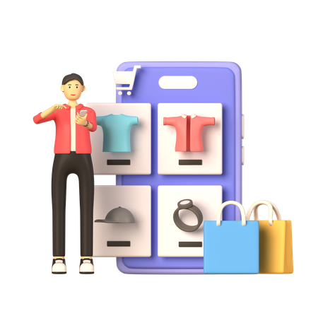 Homme faisant des achats en ligne à l'aide d'une application  3D Illustration