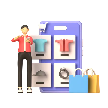 Homme faisant des achats en ligne à l'aide d'une application  3D Illustration