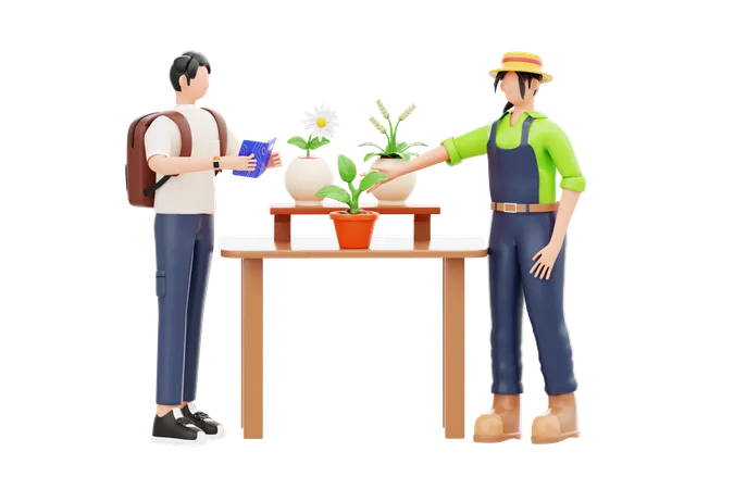 Un homme fait des études d'horticulture avec une femme  3D Illustration