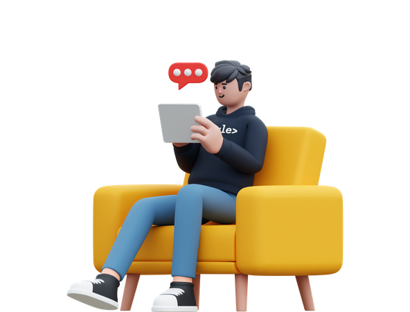 Homme discutant en ligne assis sur un canapé  3D Illustration