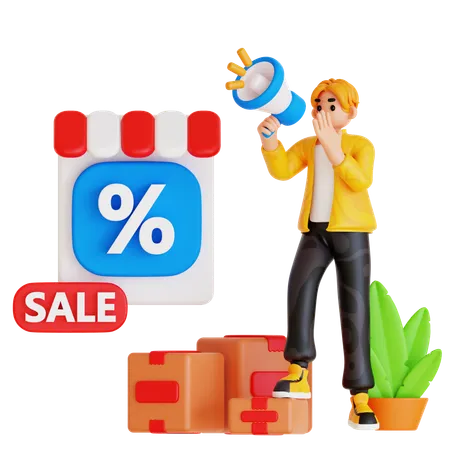 Homme faisant du shopping Annonce de soldes  3D Illustration