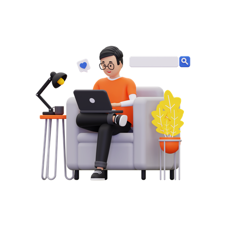 Homme faisant de la navigation en ligne avec un ordinateur portable  3D Illustration