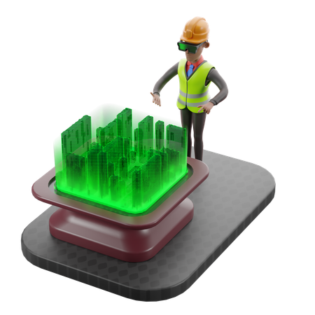 Un homme observe un chantier de construction en réalité virtuelle  3D Icon