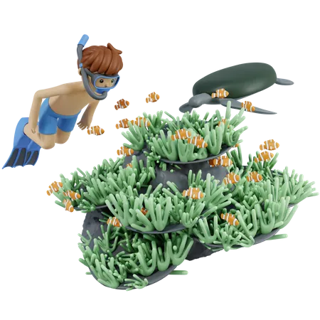 Homme faisant de la plongée sous-marine dans l'océan  3D Illustration
