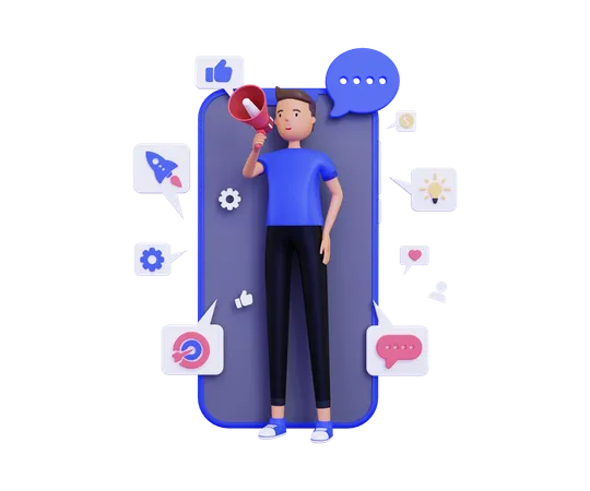 Homme faisant du marketing mobile avec mégaphone  3D Illustration