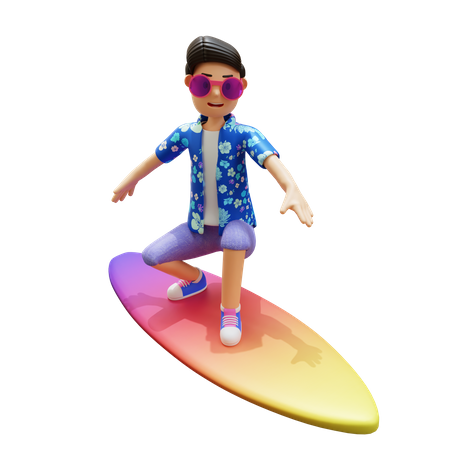 Homme faisant du surf à la plage à l'aide d'une planche de surf  3D Illustration