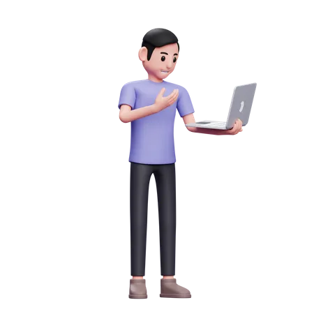 Homme faisant un appel vidéo sur un ordinateur portable  3D Illustration
