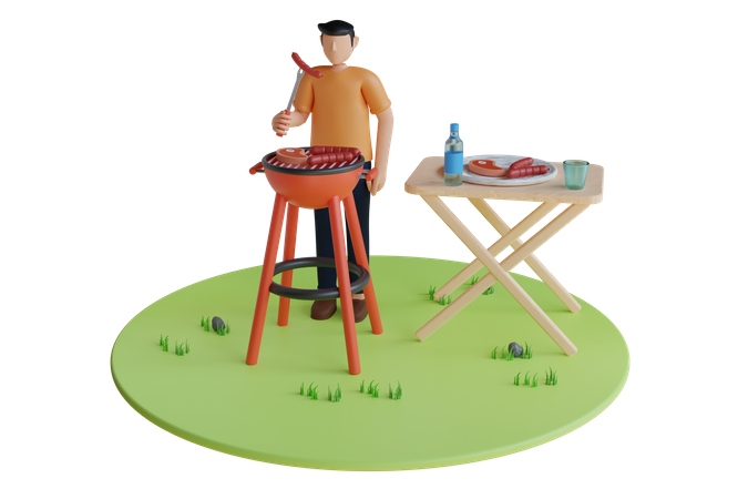 Homme faisant un barbecue dans la cour  3D Icon